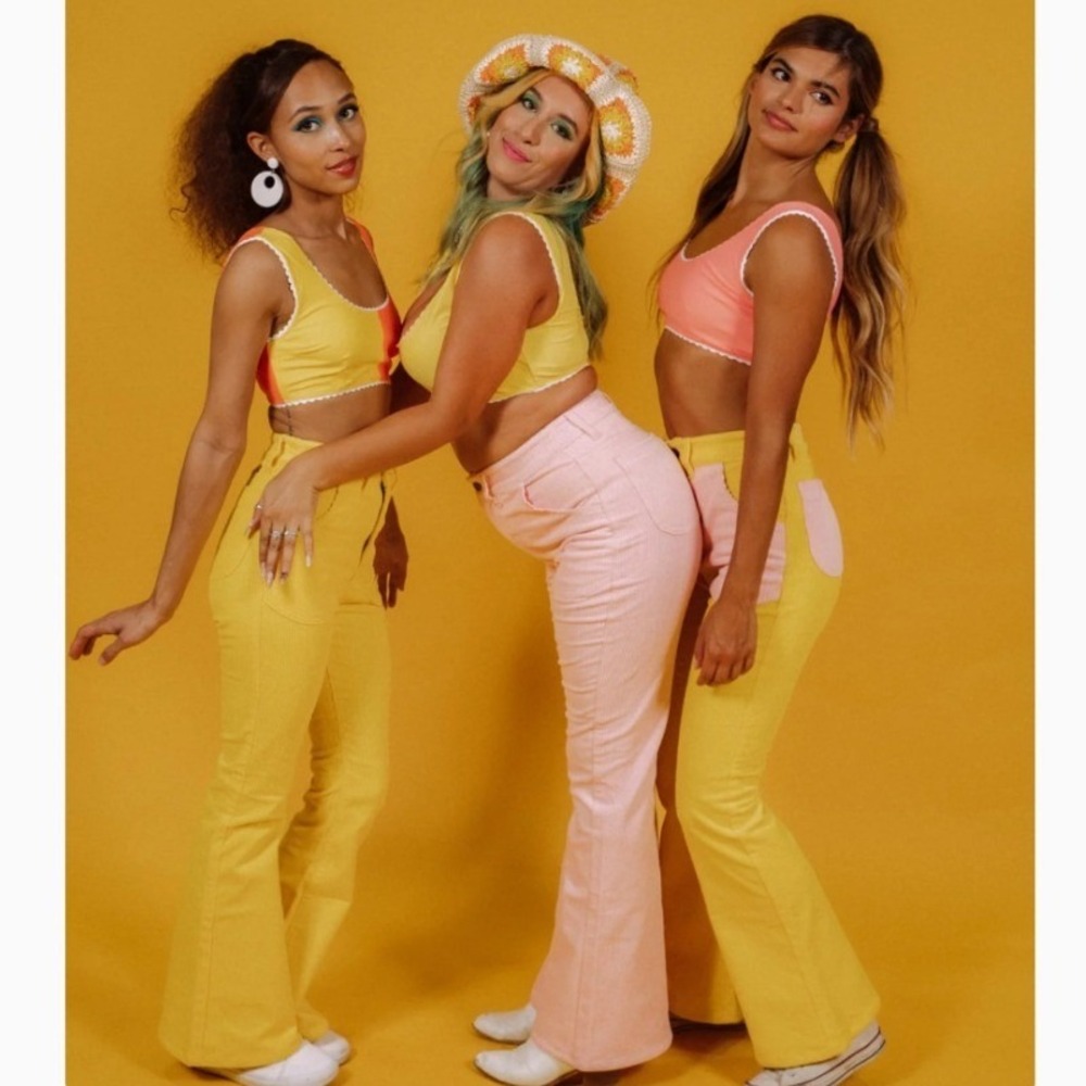 HAMMIES Bell Bottom Corduroy Pants Yellow POWDER PINK Flare Retro WOMEN 28 PATCH